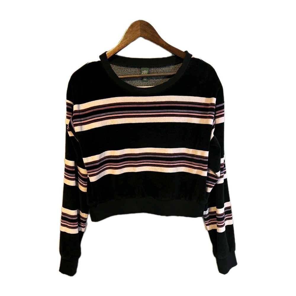 Wild Fable Womens Velour Sweater Black Cream Striped Long Sleeve Y2K Sz M EUC